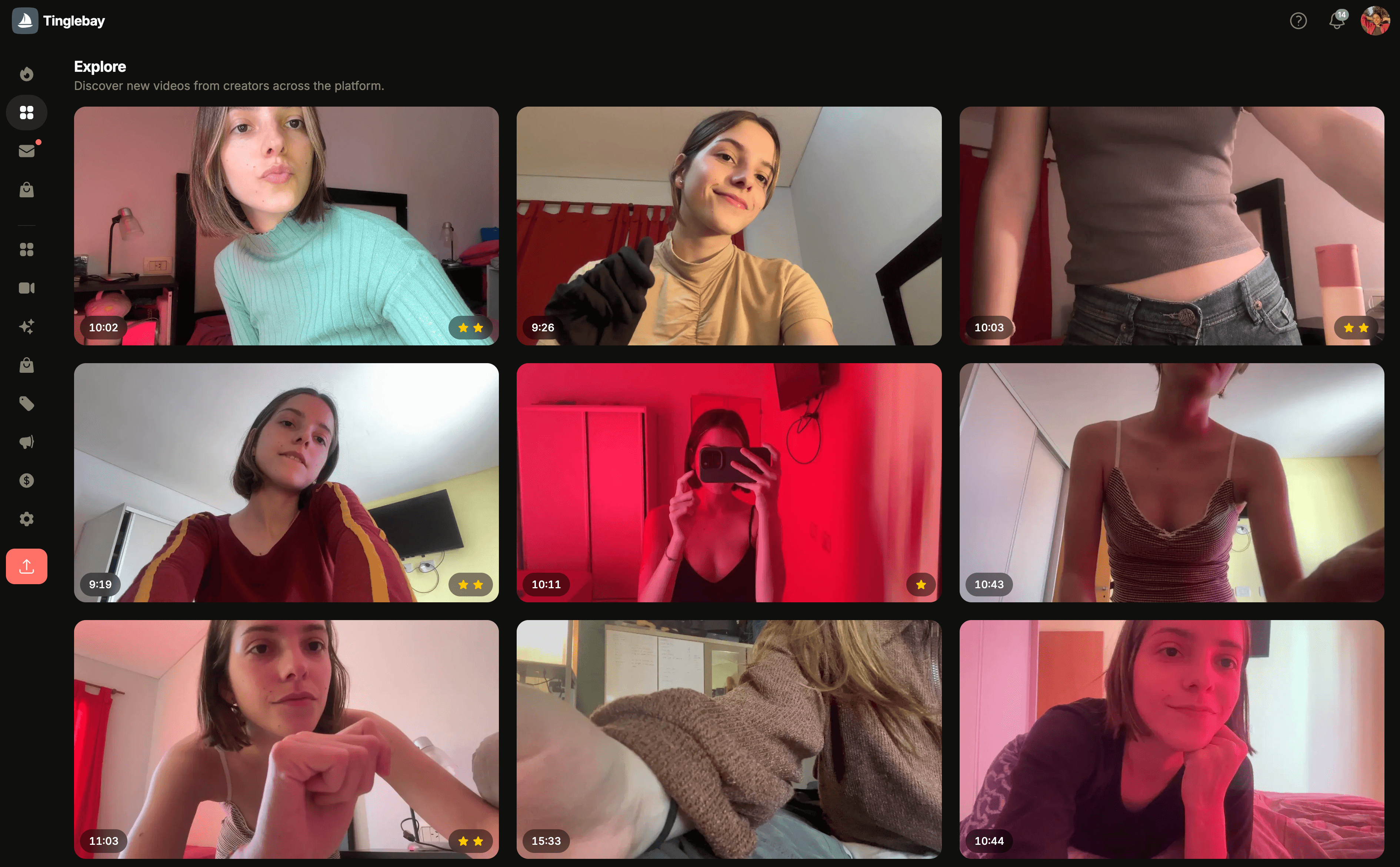 The Tinglebay explore page showing ASMR videos