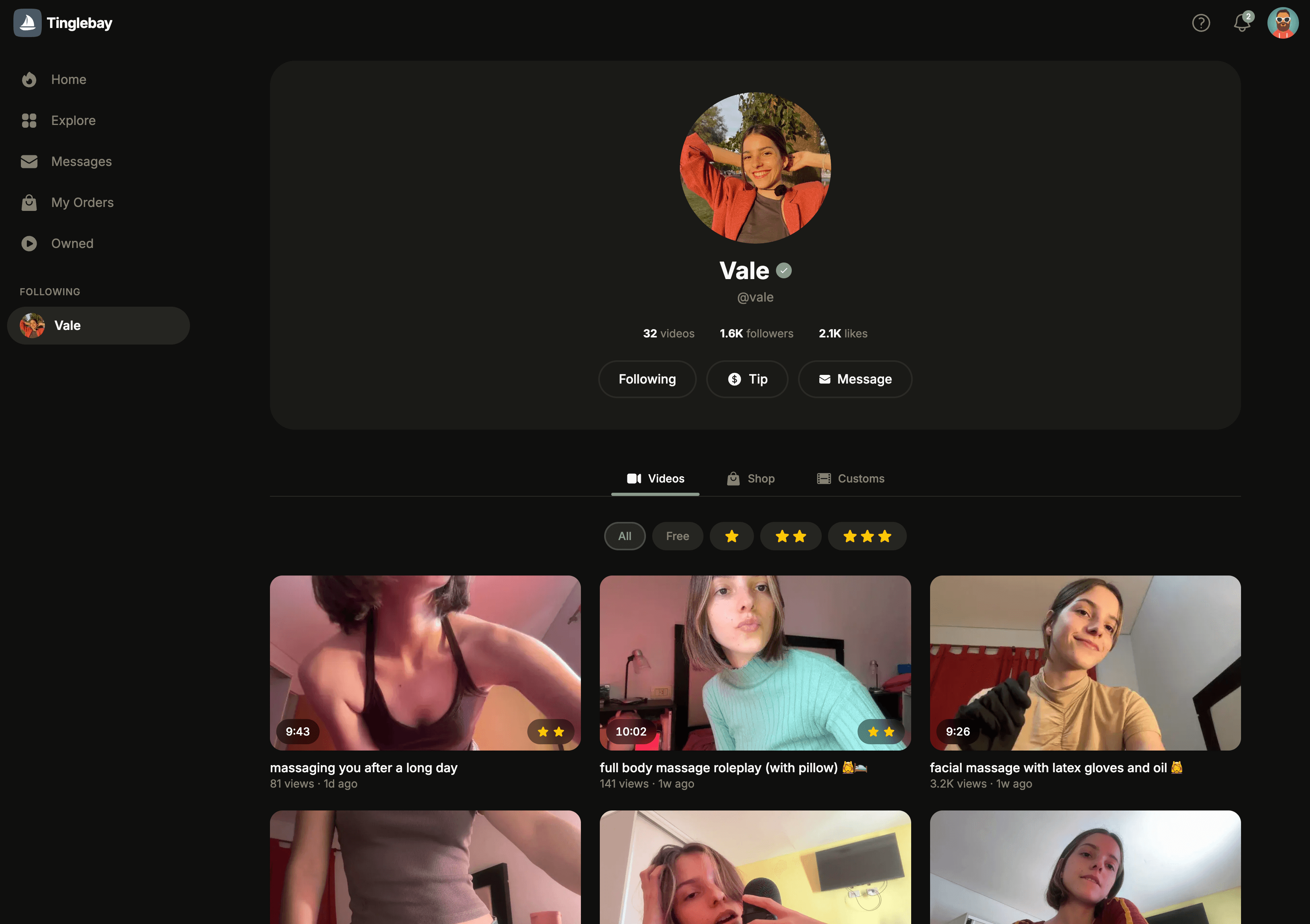 A creator's profile page on Tinglebay